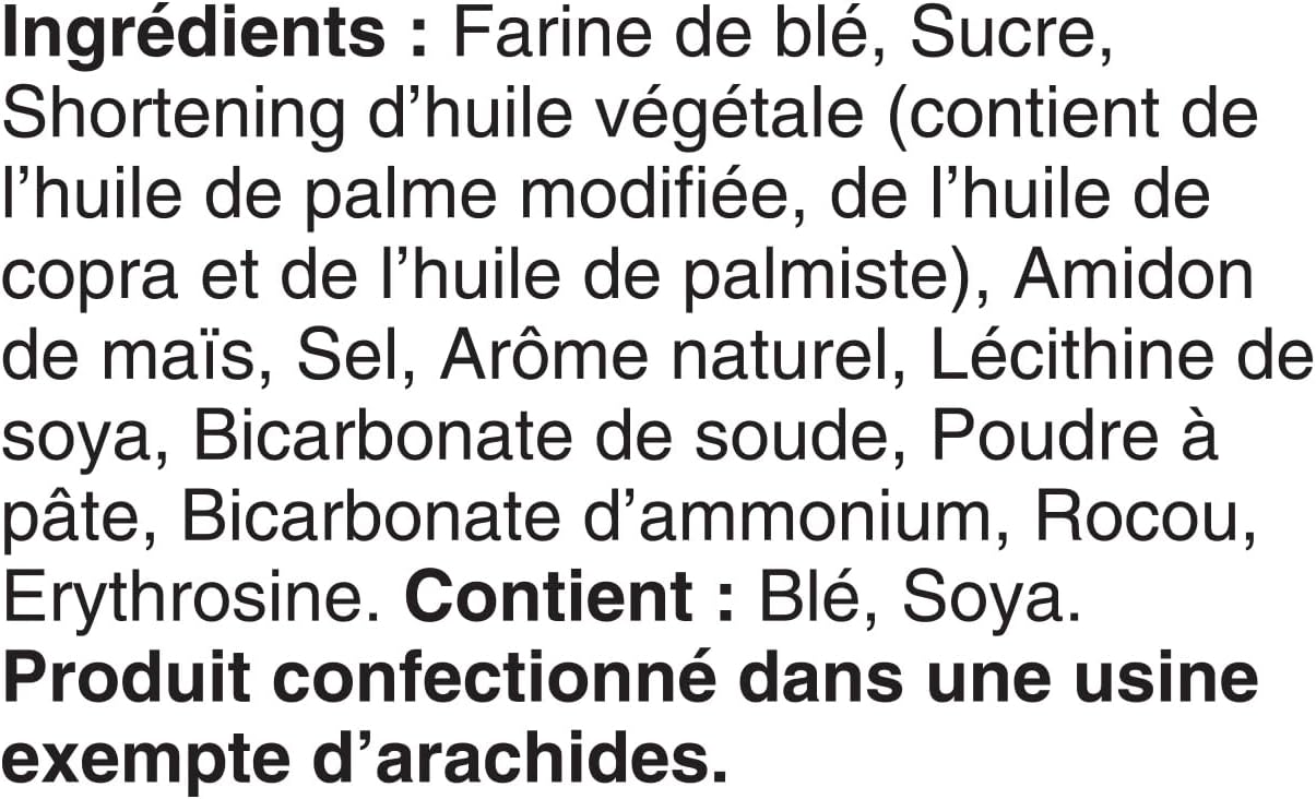 List of ingredients and allergens in French for Dare Pink Lemonade Creme Filled Barbie Cookies, 290g/10.2 oz.