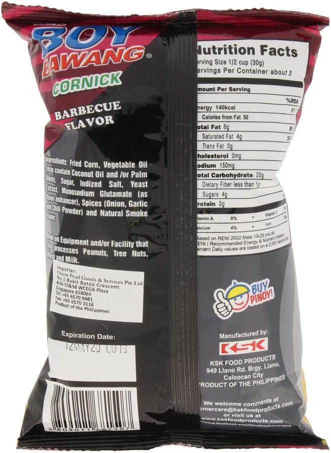 Boy Bawang Cornick Barbeque Flavored Fried Corn, 90g/3.17 oz. Bag {Imported from Canada}