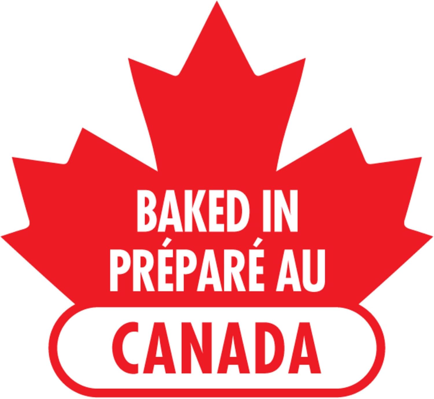 Red maple leaf with 'Baked in Canada' text on a white background.