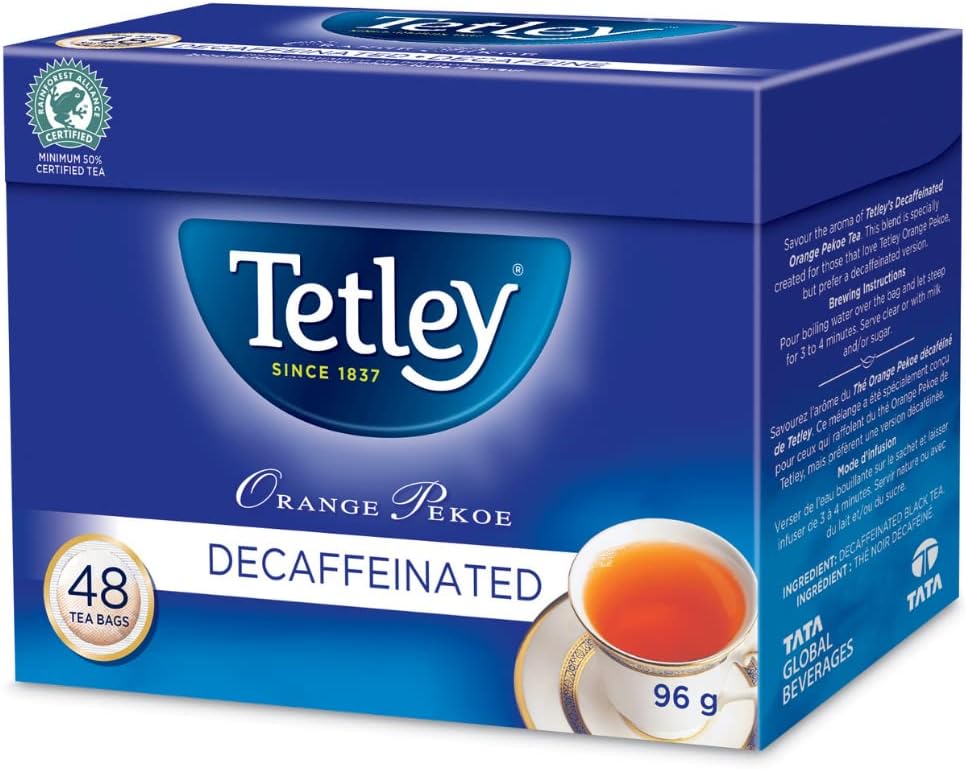 Tetley Orange Pekoe Decaffeinated Black Tea - 48 Count, 96g/3.4 oz., Package, front of box.