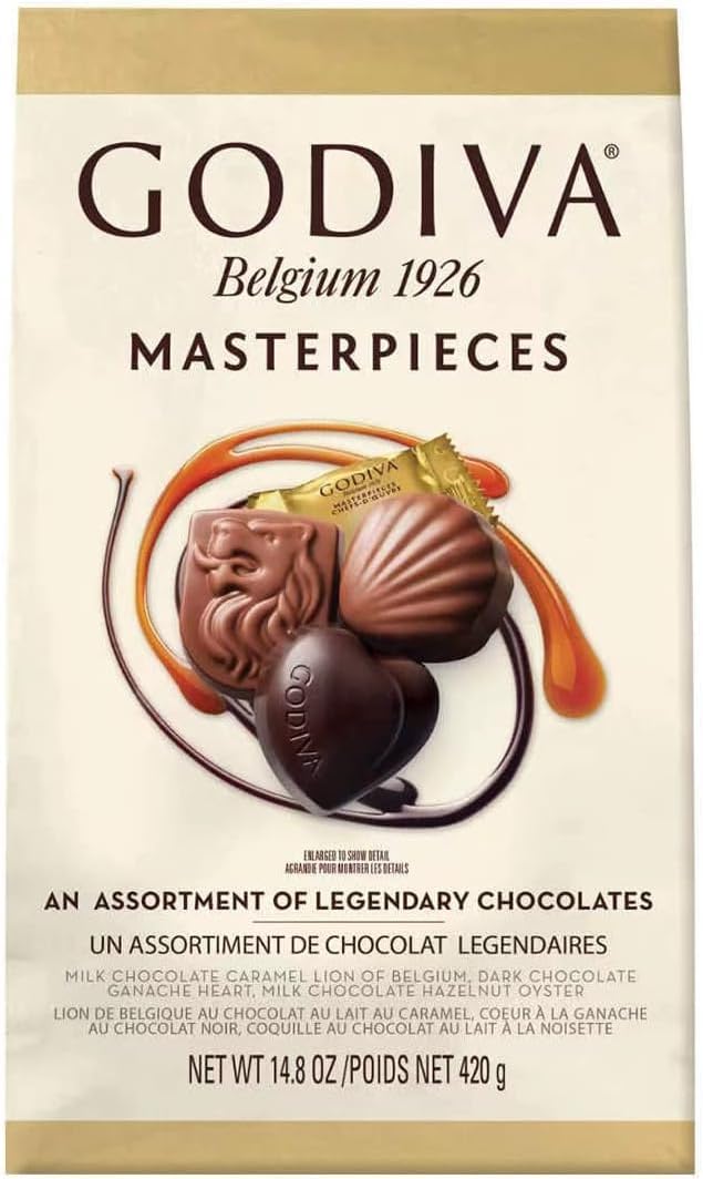 Godiva Masterpieces Assorted Legendary Belgian Chocolates, Milk Chocolate Caramel, Dark Chocolate Ganache, Milk Chocolate Hazelnut, 420g/14.8 oz. Bag