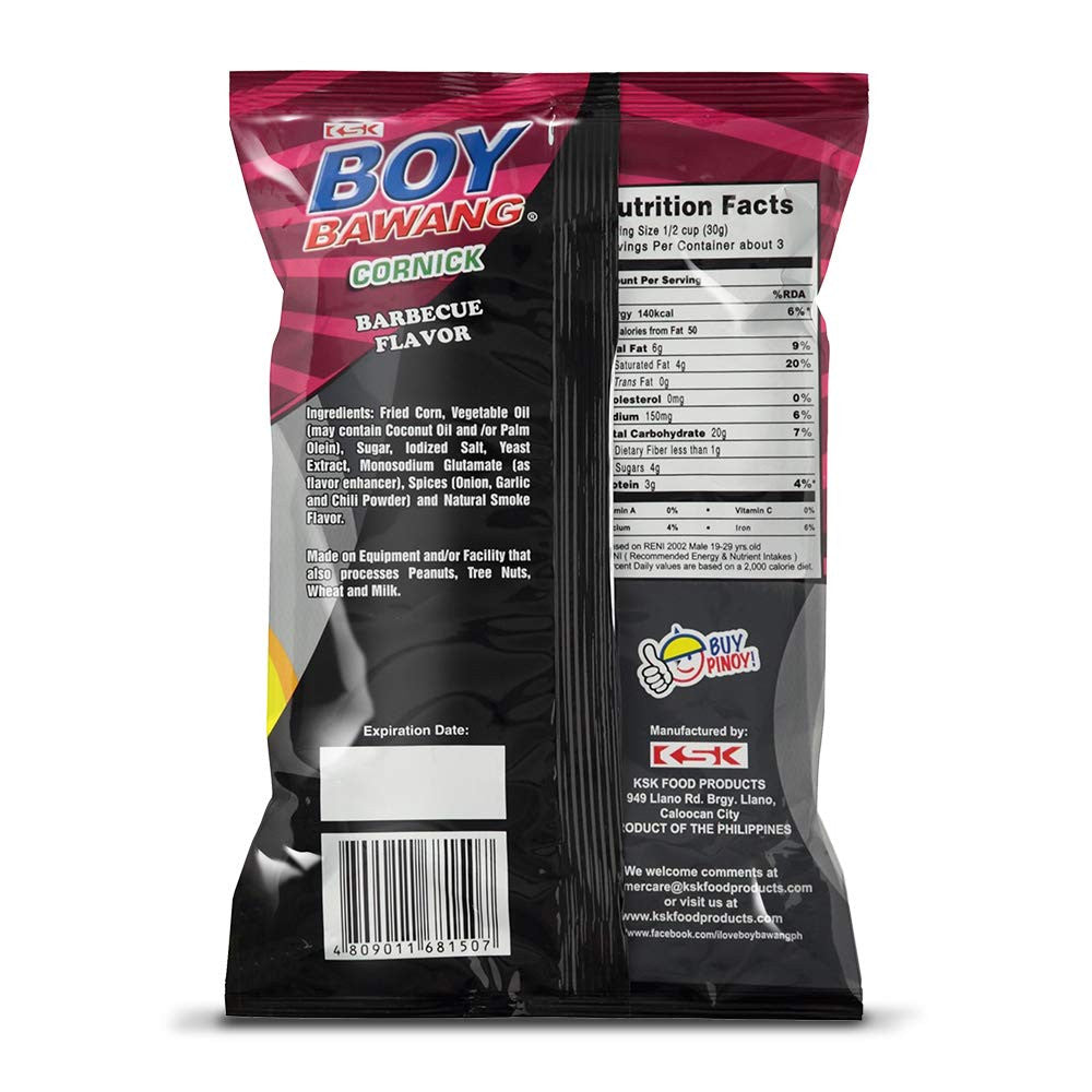 Boy Bawang Cornick Barbeque Flavored Fried Corn, 90g/3.17 oz. Bag {Imported from Canada}