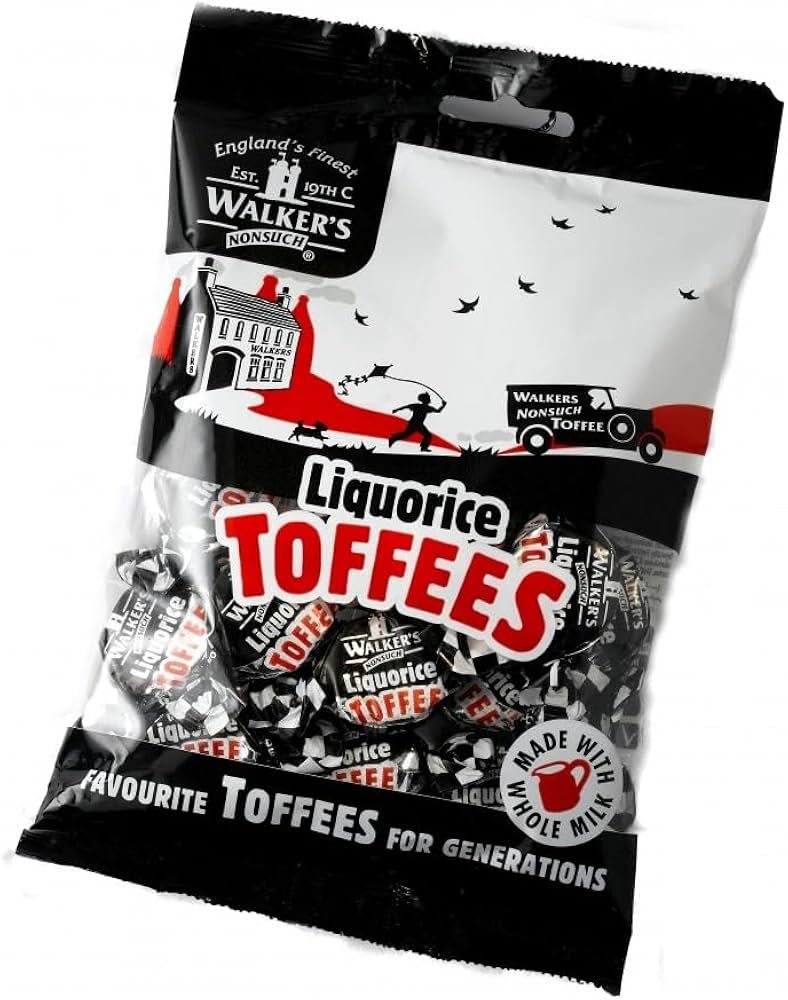 Walker's Nonsuch Liquorice Toffees, 150g/5.3 oz., Bag, front of bag.