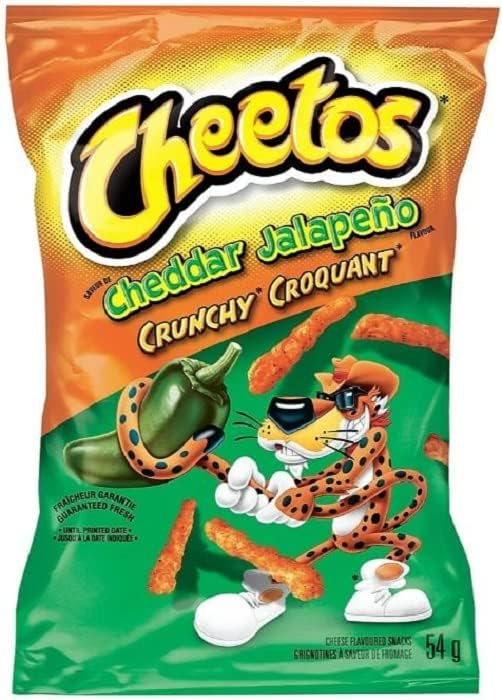 Cheetos Crunchy Cheddar Jalapeno Flavored Puffs, 54g, front of bag.