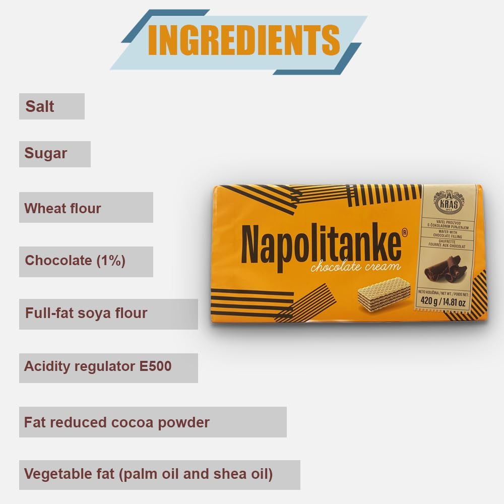 Napolitanke Chocolate Cream Wafers, 420g, ingredients listed.