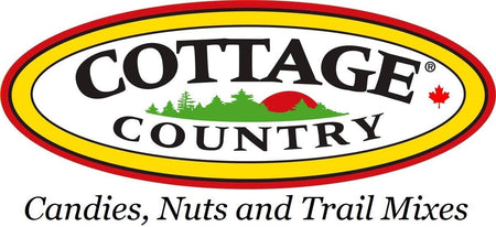 Cottage Country candies, nuts, and trail mixes logo with a scenic design.