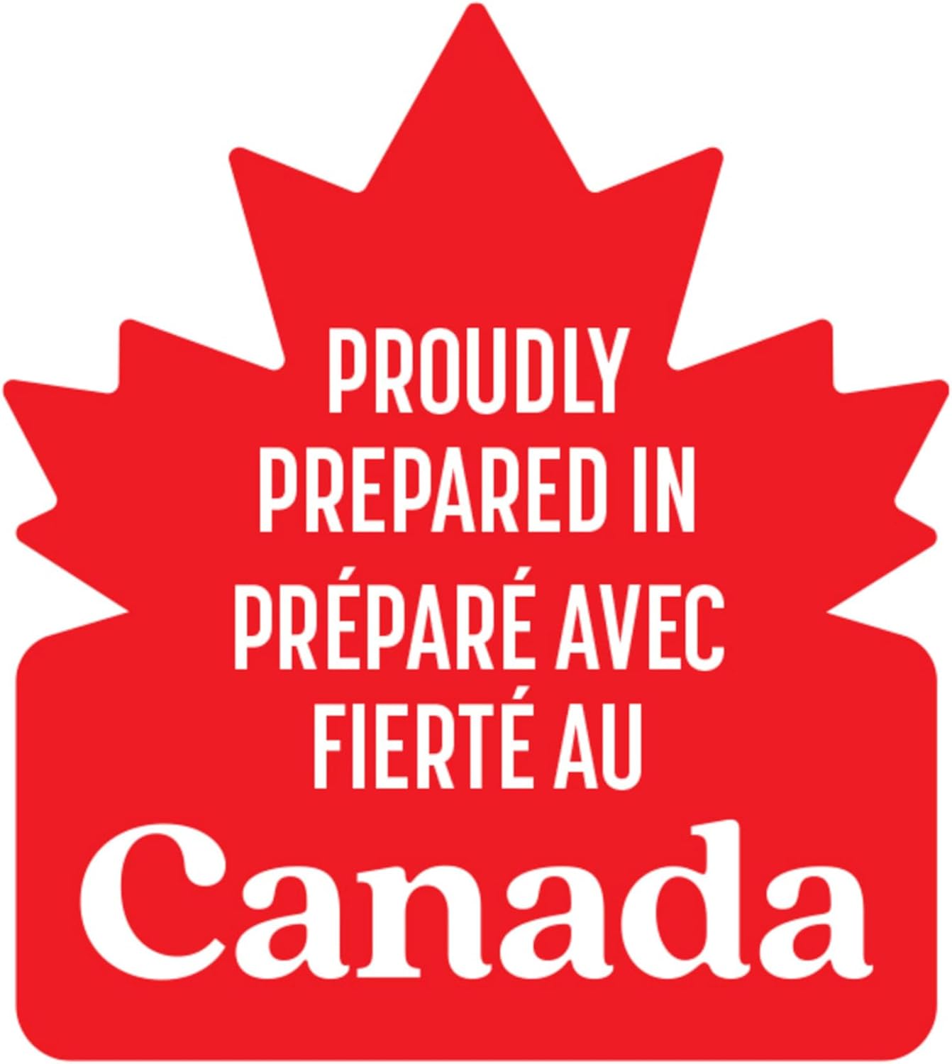 Red maple leaf-shaped logo with text 'Proudly Prepared in Canada' on a white background