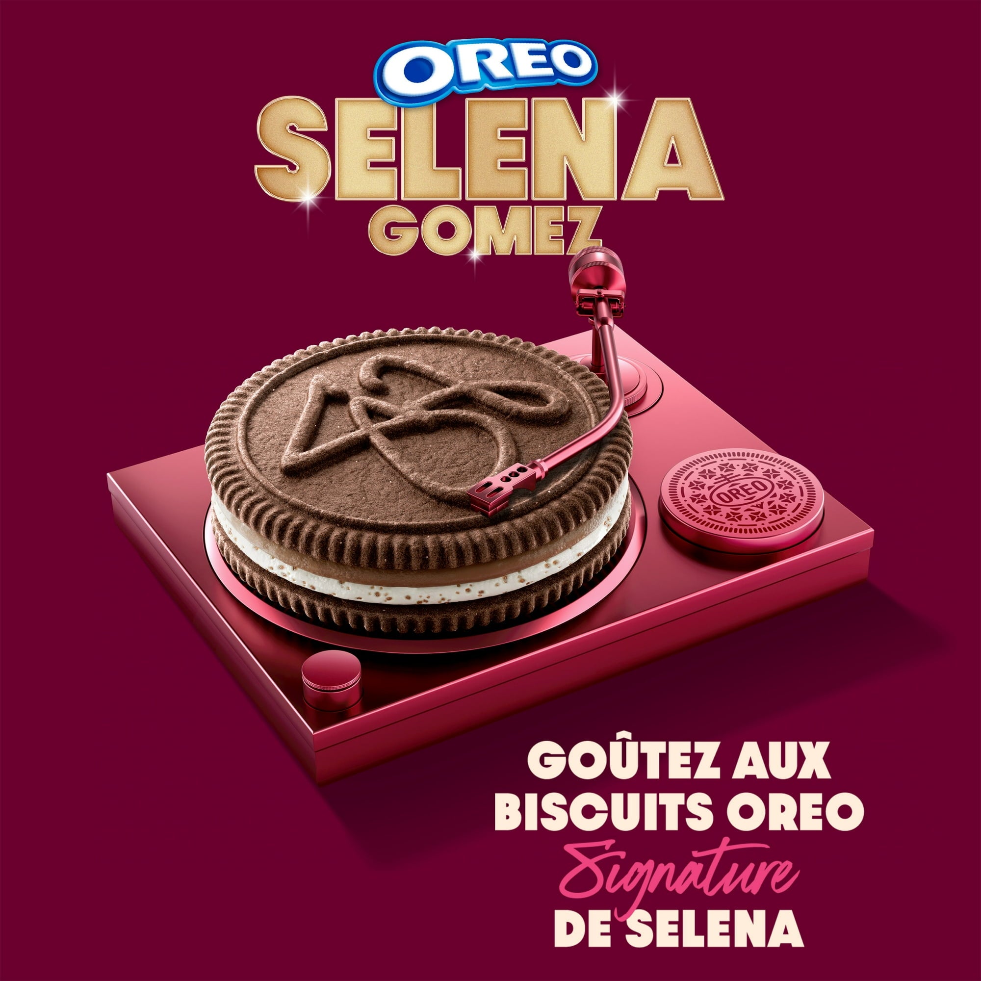 Oreo SELENA GOMEZ Chocolate & Cinnamon Creme Sandwich Cookies, 303g/10.6 oz - OREO Selena Gomez cookie with a turntable design on a purple background