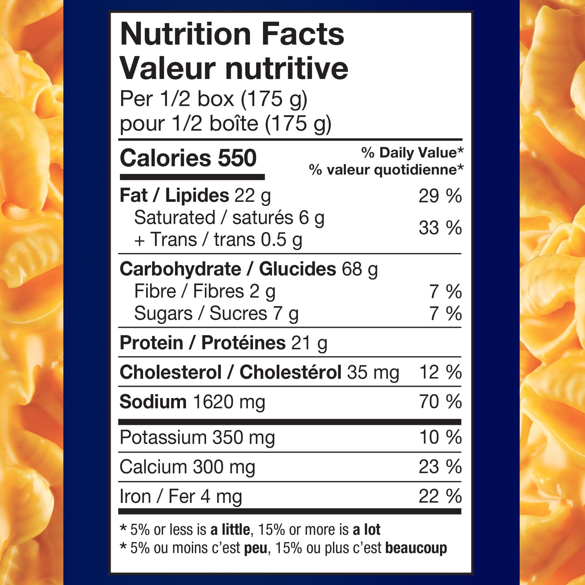 KD Kraft Dinner Deluxe Velveeta On Shells, Rich And Creamy Mac & Cheese, 350g/12.3 oz., nutrition facts label.