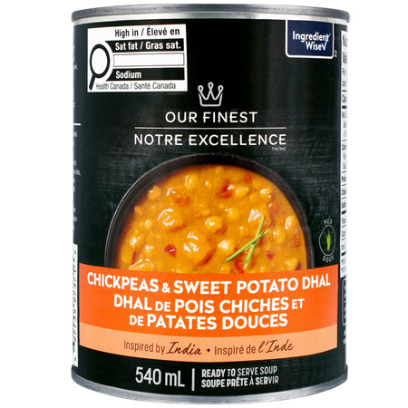 Can of Our Finest Mild Chickpeas & Sweet Potato Dhal Ready-To-Serve-Soup, Indian Cuisine - 540mL with black and orange label on a white background