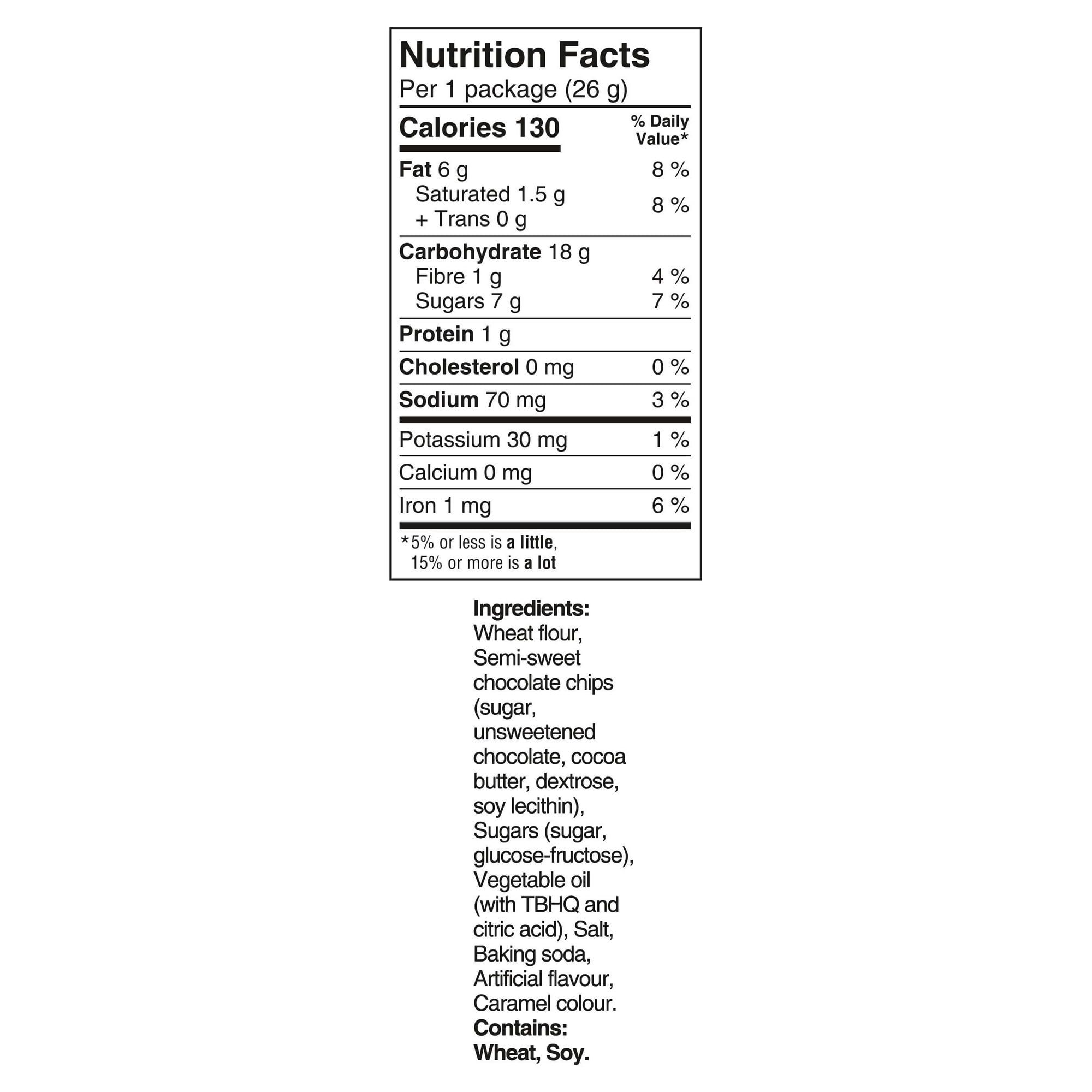 Nutrition facts  and ingredients label of Chips Ahoy! Mini Chocolate Chip Cookie Snack Packs - 156g/5.5 oz on a white background