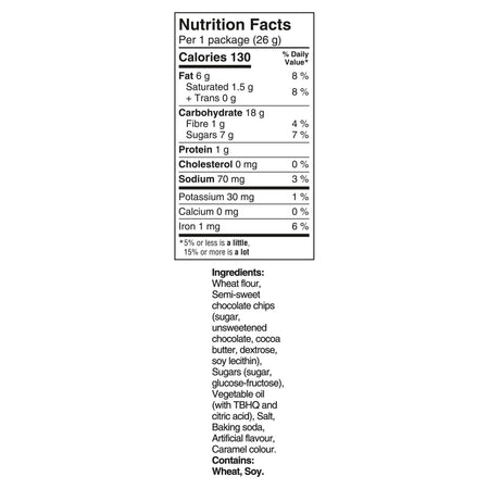 Nutrition facts  and ingredients label of Chips Ahoy! Mini Chocolate Chip Cookie Snack Packs - 156g/5.5 oz on a white background