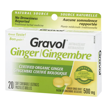 Certified Organic Ginger GRAVOL (20 Chewable Lozenges)500mg Antinauseant for NAUSEA, VOMITING & MOTION SICKNESS