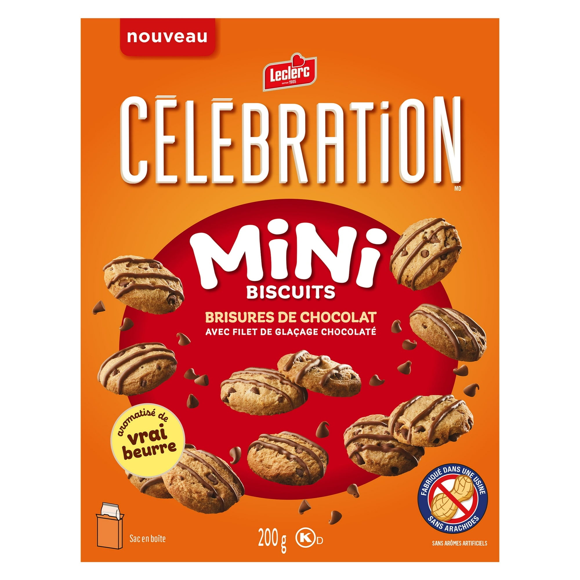 Box of Leclerc Celebration Mini Biscuits with chocolate pieces on an orange background