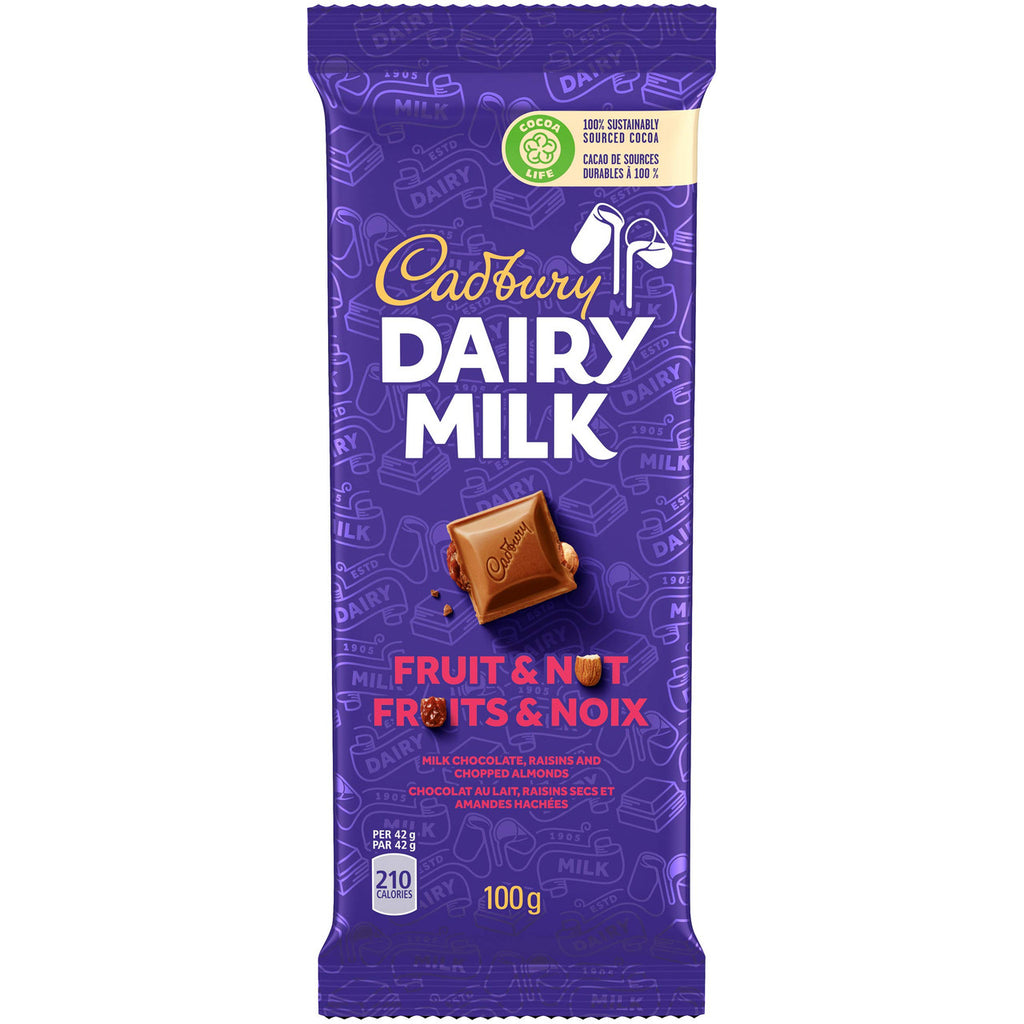 Cadbury Dairy Milk Chocolate Bar, Fruit & Nut Flavour, 100g/3.5oz per Bar, (3 Pack) {Imported from Canada}