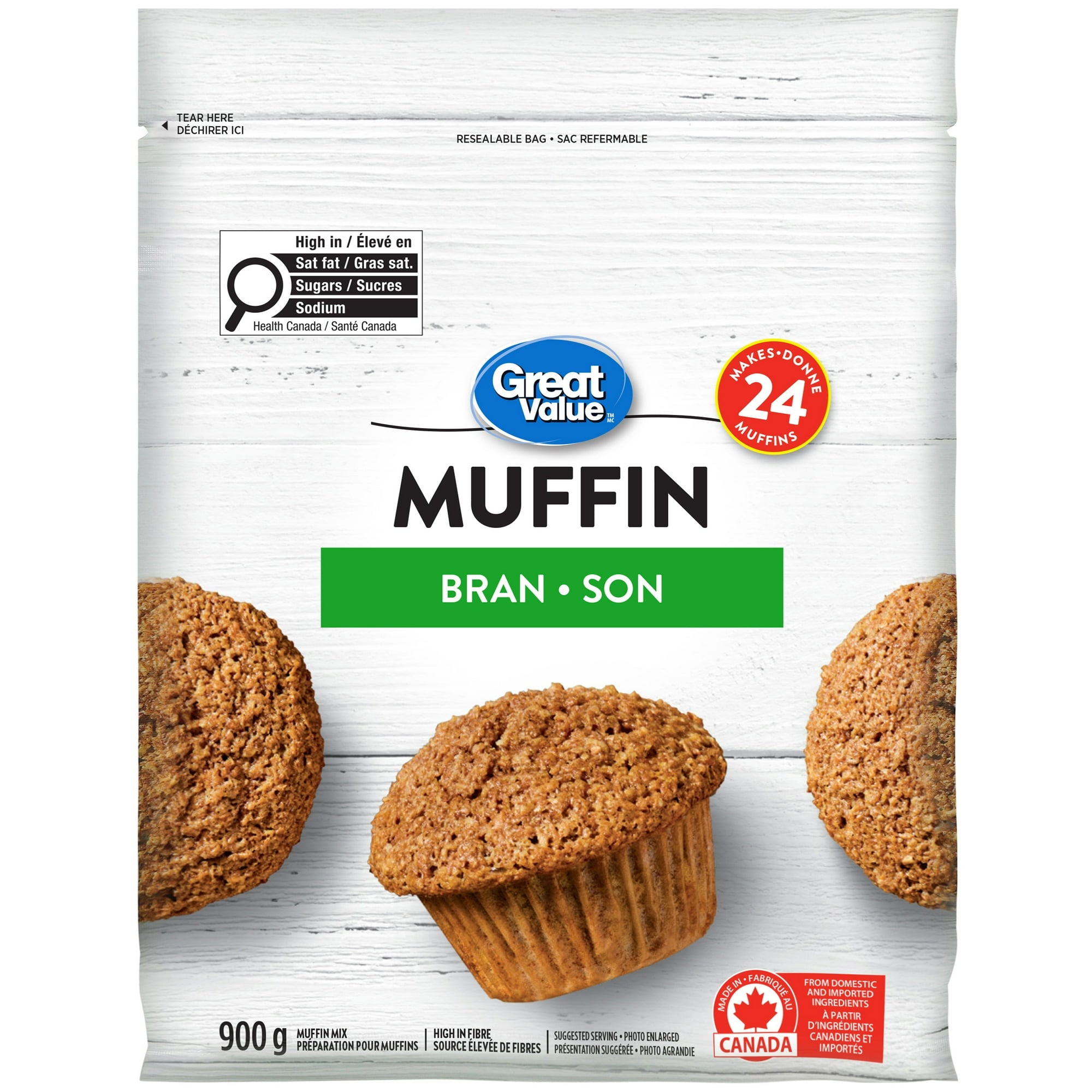 Great Value Bran Muffin Mix, Makes 24 Muffins - 900g package with muffin images on a white background