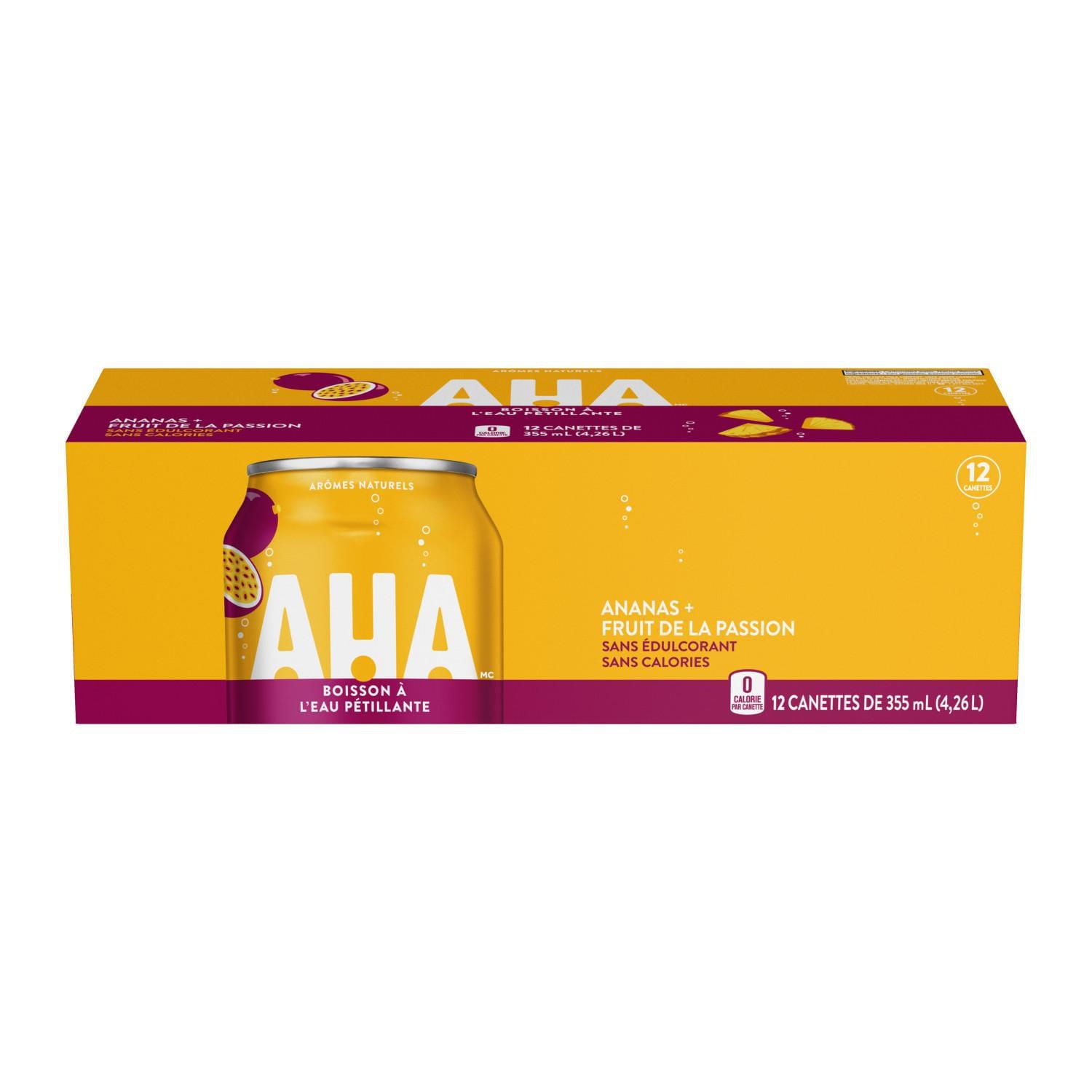 Box of AHA sparkling pineapple & passionfruit drinks with a can on a white background