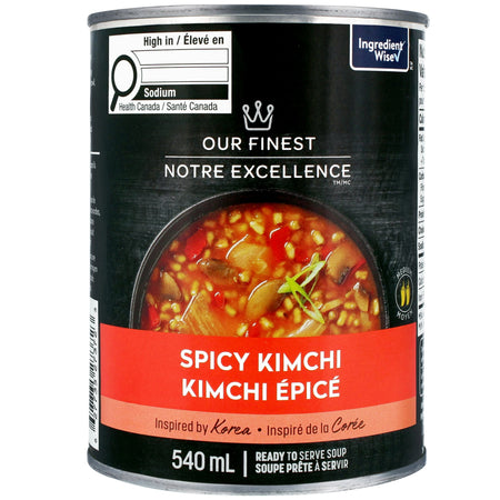 Can of Our finest spicy kimchi soup with black and red label on a white background