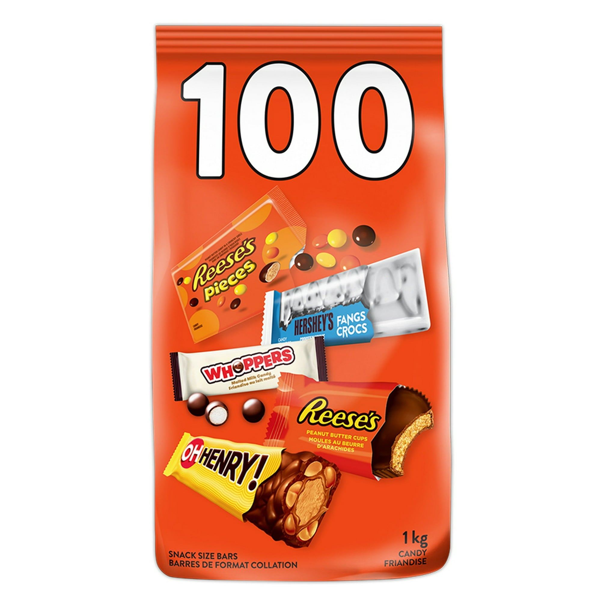 Hershey's Halloween Assorted Chocolate and Candy Value Bag, 100ct., 1kg/2.2 lbs., front of bag