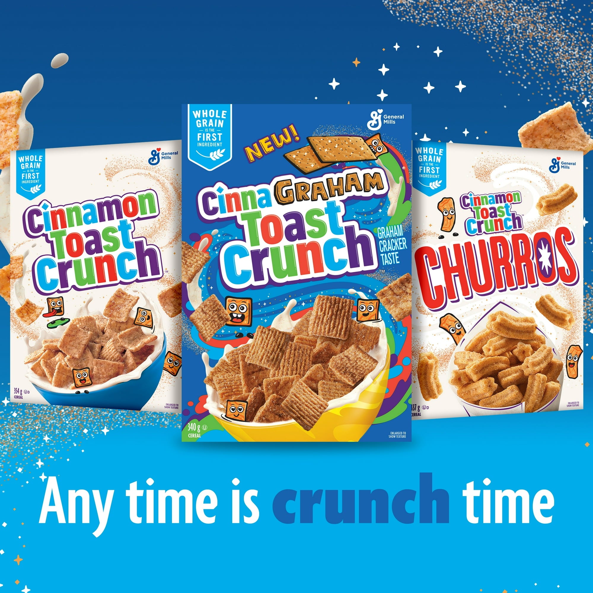 Three Cinnamon Toast Crunch cereal packages on a blue background with text 'Any time is crunch time'.