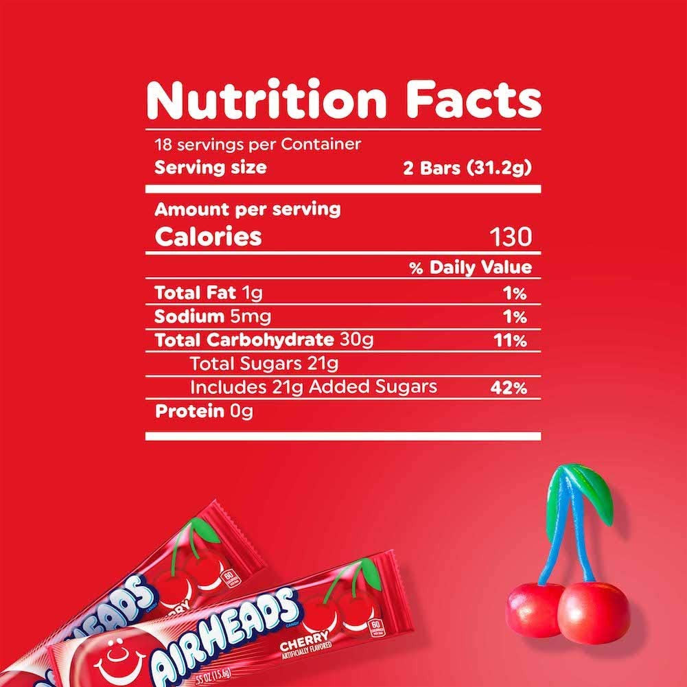 Airheads Candy Individually Wrapped Bars, Cherry, 0.55 Ounce (Bulk Pack of 36)