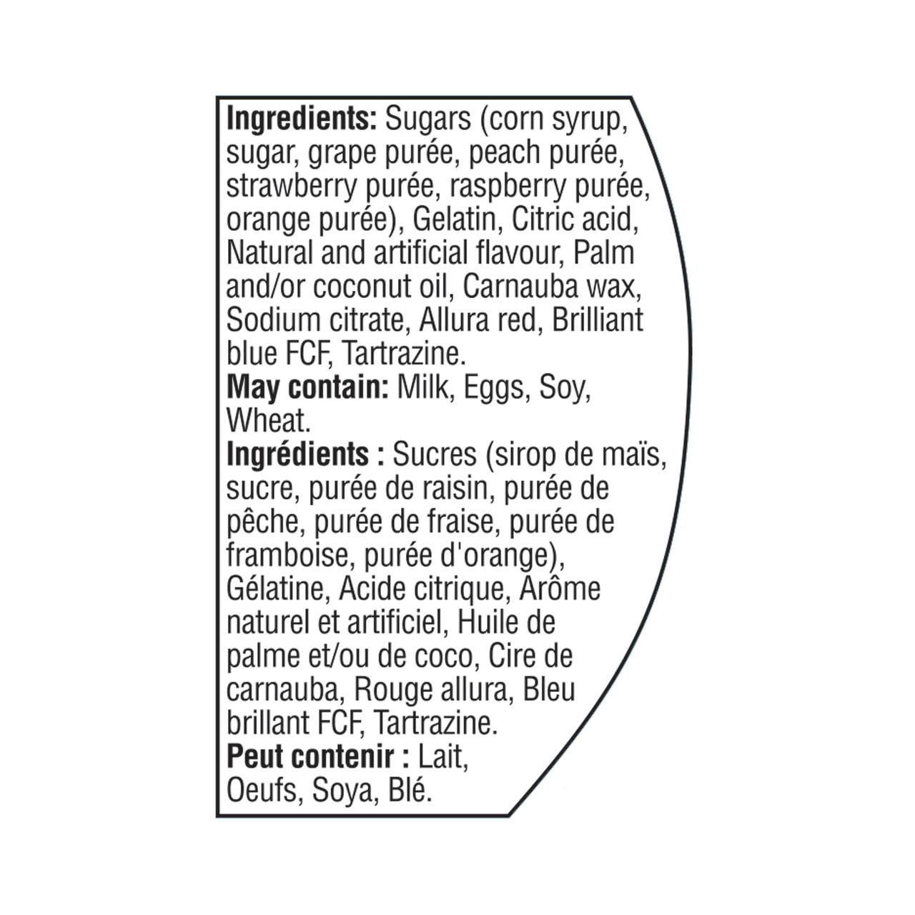 Great Value Gummy Bears Candy, 500g/1.1 lb., Tub, ingredients label.