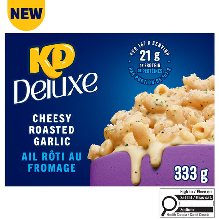 KD Deluxe cheesy roasted garlic pasta packaging with blue background and purple bowl