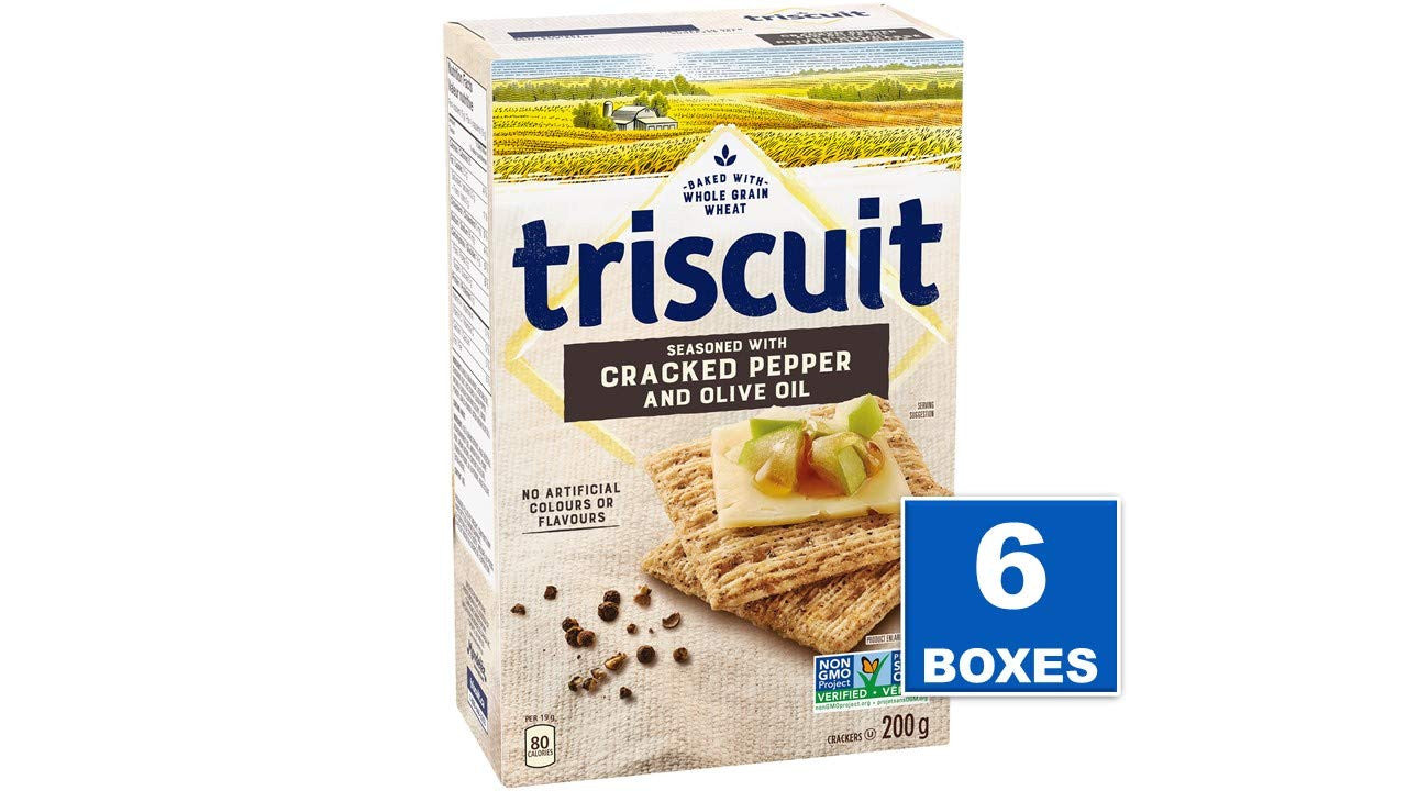 Triscuit Cracked Pepper & Olive Oil, 200g/7.1 oz., Wheat Crackers (6 Boxes) (Imported from Canada)