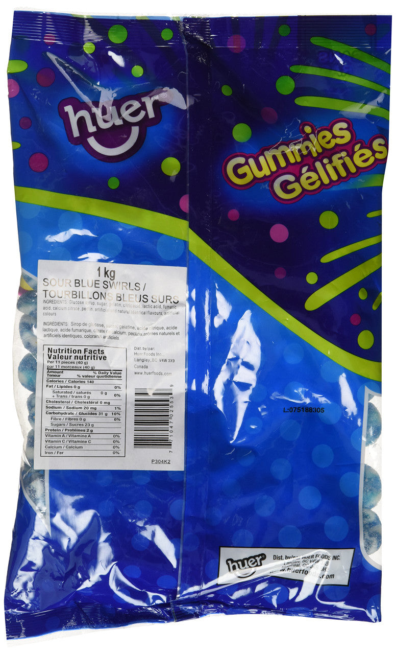 Huer Small Swirls-Sour Blue Raspberry Gummy Candy 1kg/2.2lb Bag {Imported from Canada}