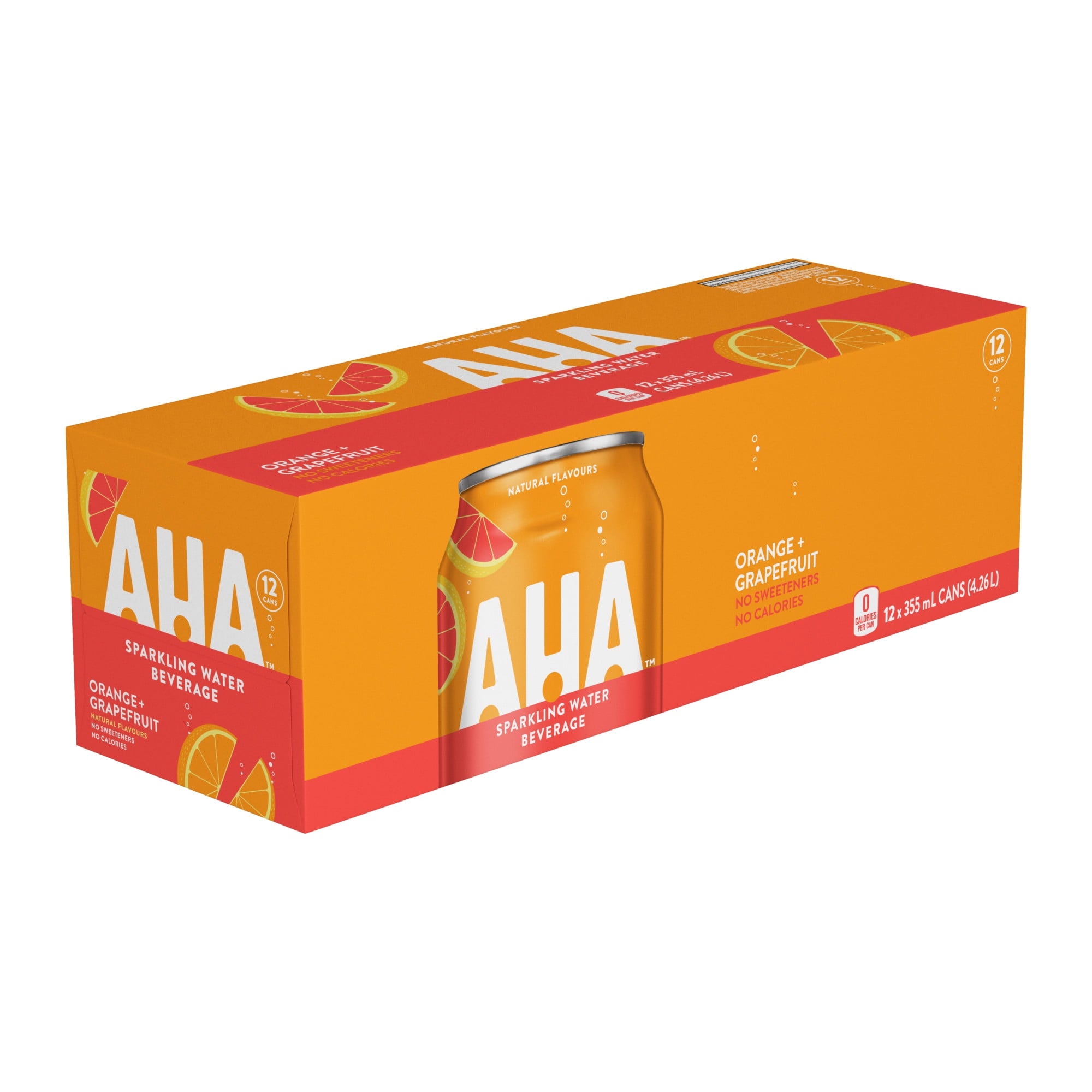 Box of AHA Orange Grapefruit sparkling water on a white background
