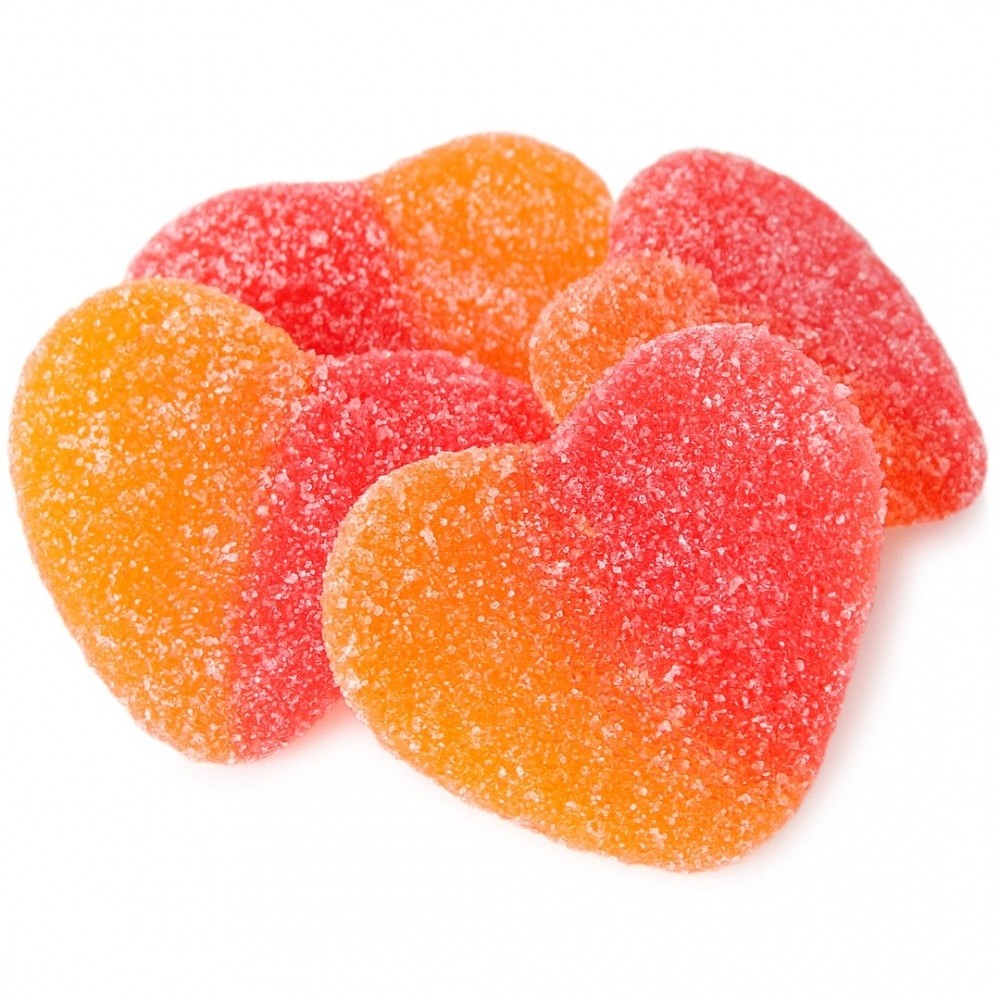 Crafted Candy Peach Hearts 100g, picture of peach hearts gummies.
