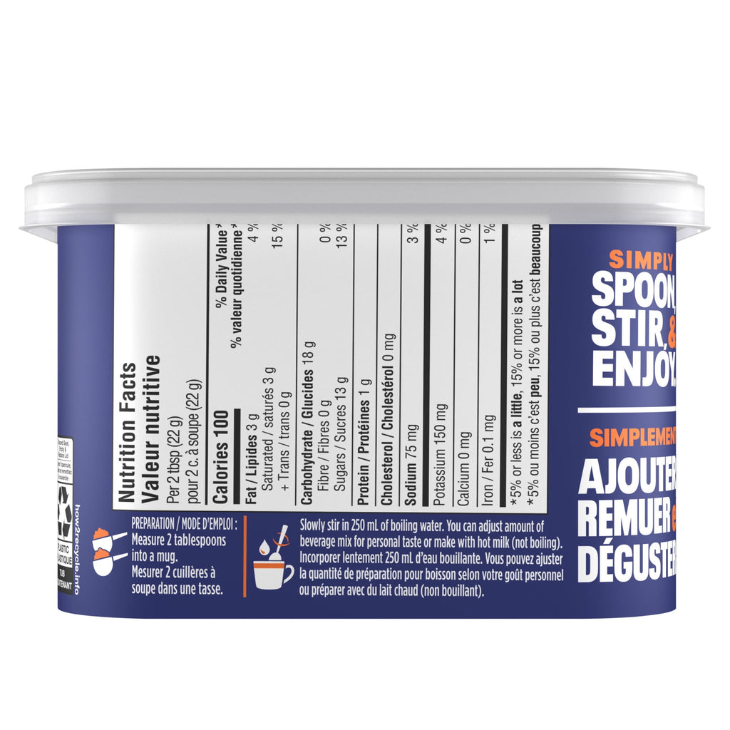 Container with nutritional information and usage instructions on a white background