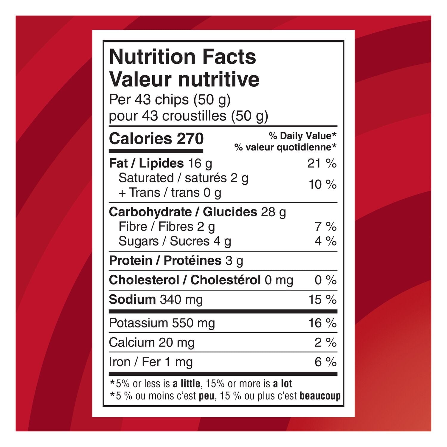 Nutrition facts label for Lay's Ketchup Flavored Potato Chips, 220g/7.7 oz on a red background