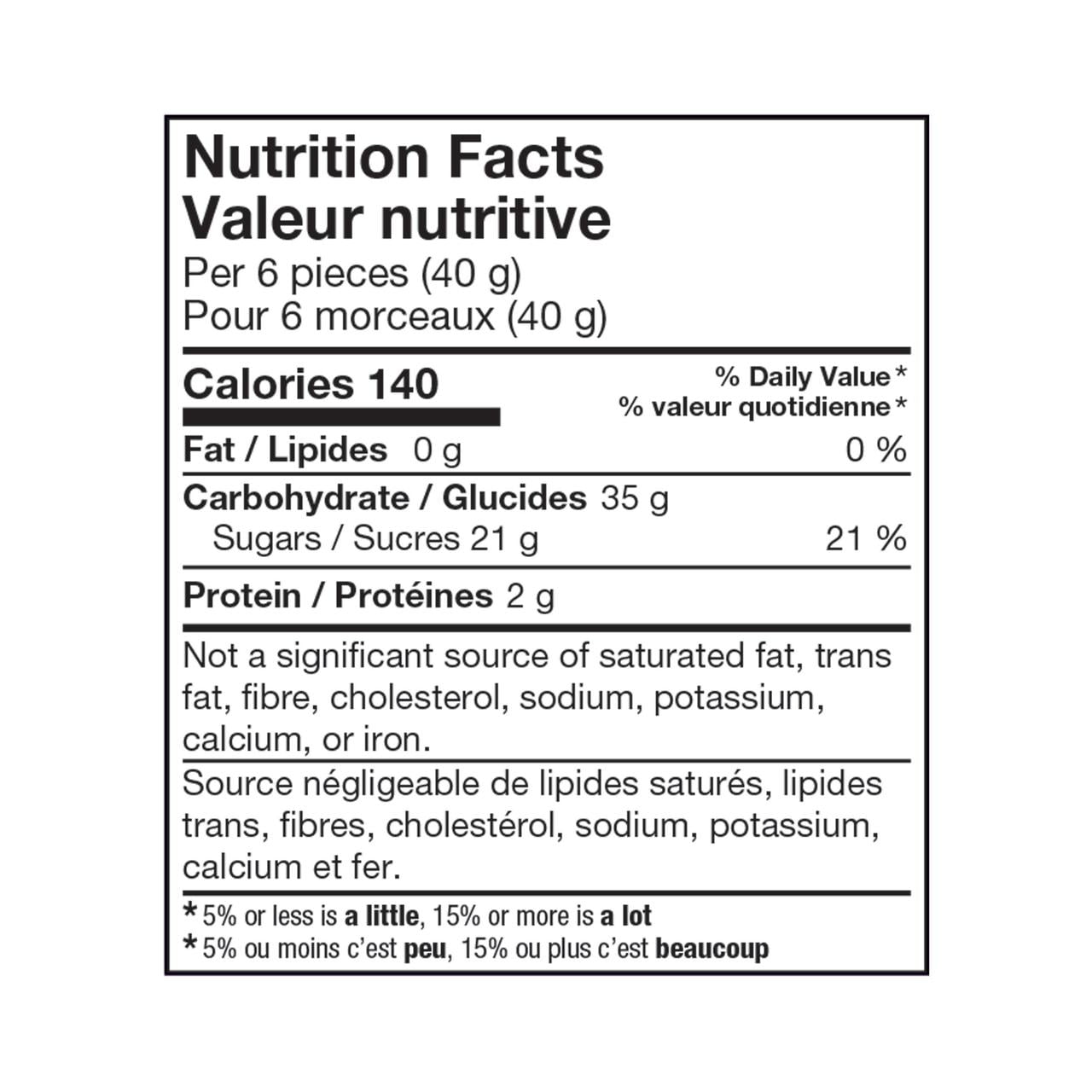 Great Value Fruit Slices Candy, 500g/1.1 lb., Tub, nutrition facts label.