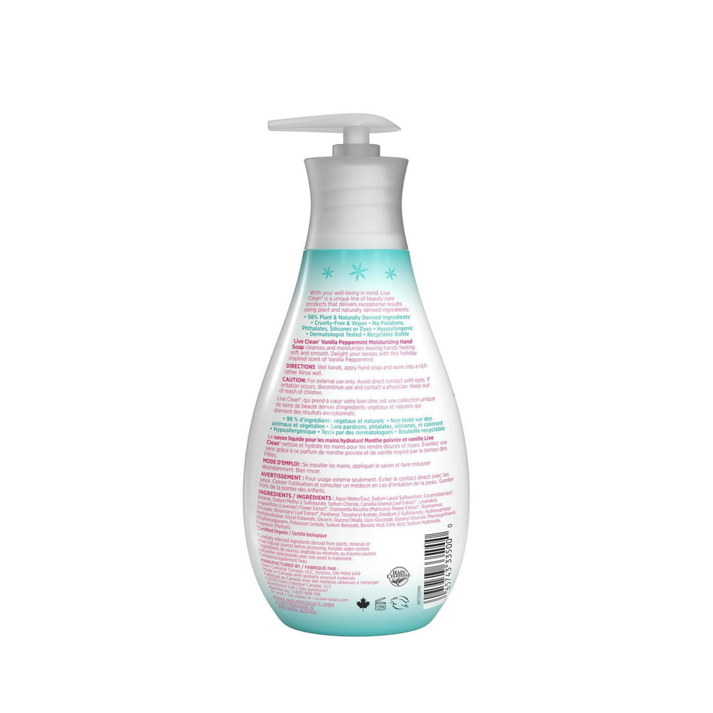 Bottle of Live Clean Vanilla Peppermint Moisturizing Hand Soap with a pump and label on a white background