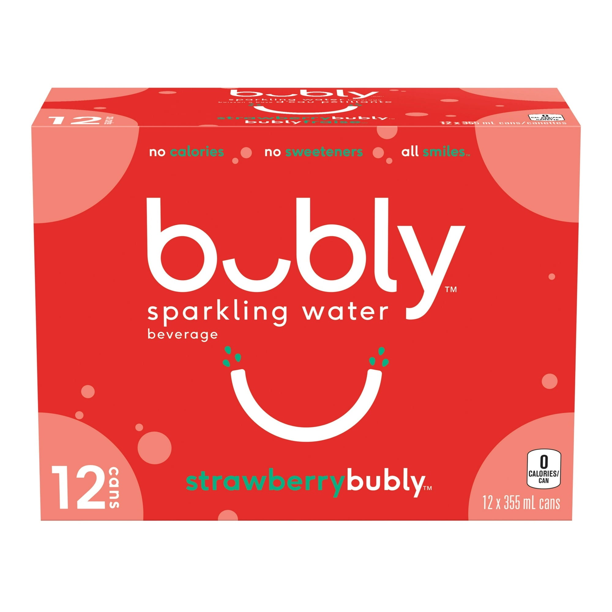 Front of Bubly Strawberry Sparkling Water Beverage, 12x355ml cans, 4.26L/144 oz