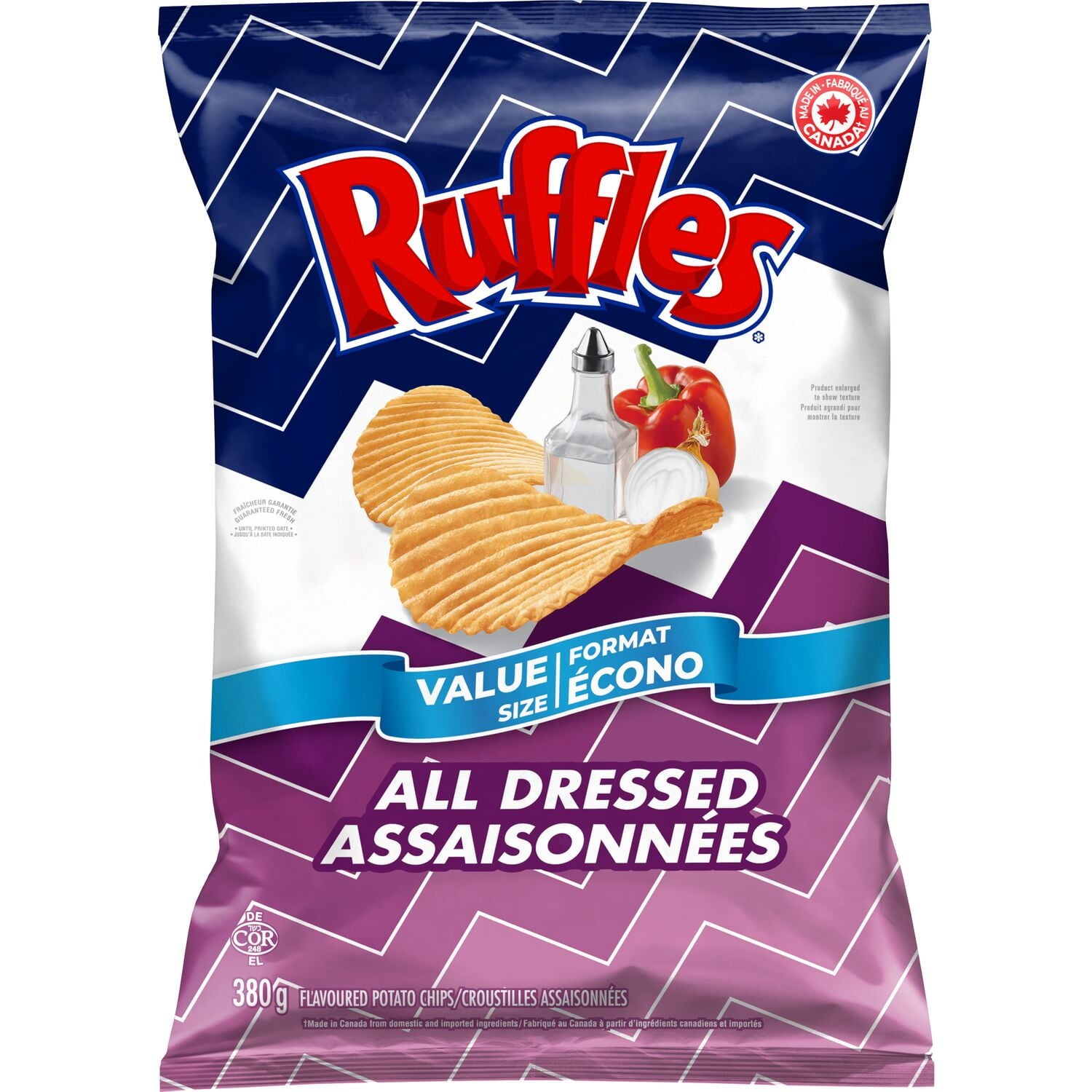 Ruffles All Dressed Party Size Potato Chips, 380g/13.4 oz packaging with a blue and purple design on a white background