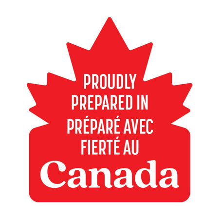 Red maple leaf with white text 'Proudly Prepared in Préparé Avec Fierté Au Canada' on a white background