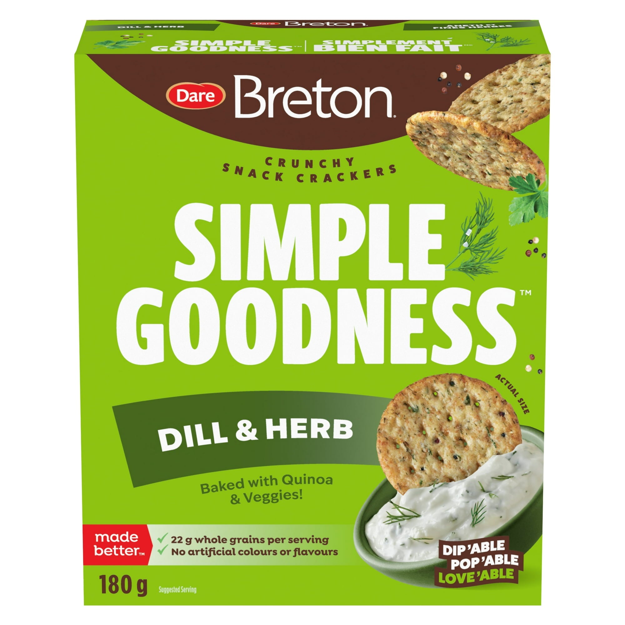 Box of Dare Breton Simple Goodness Dill & Herb Crackers, 180g/6.3 oz on a white background