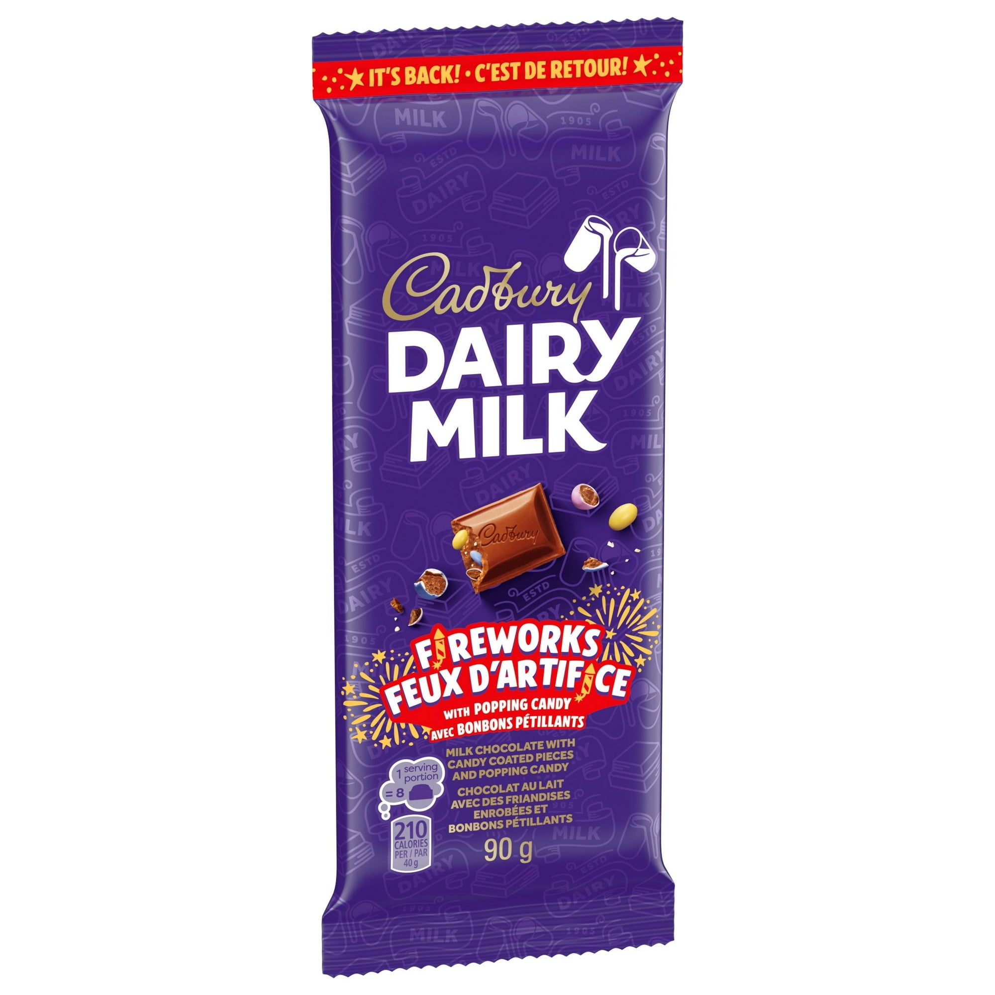 Cadbury Dairy Milk Fireworks chocolate bar packaging on a white background