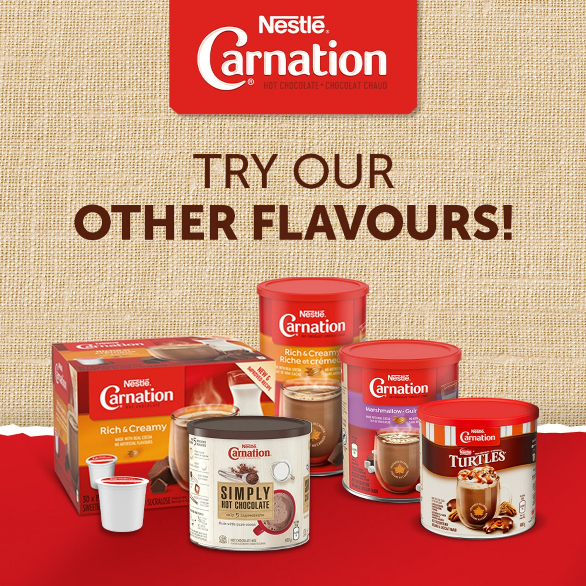 Nestle Carnation hot chocolate products on a red and beige background with the brand logo.