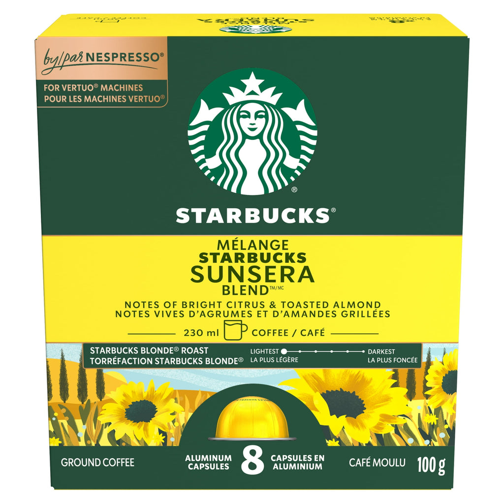 Starbucks Nespresso coffee capsule packaging with sunflowers on a white background