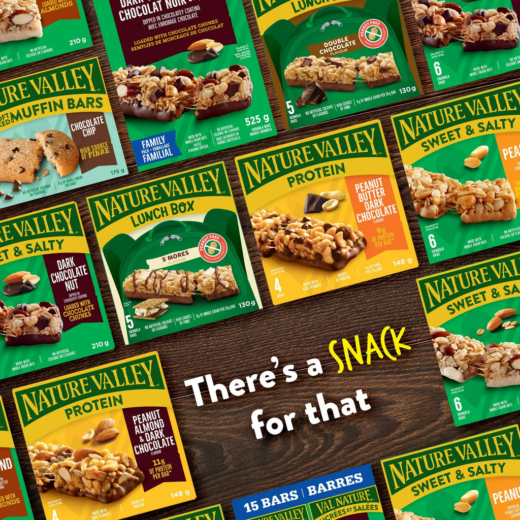 Collage of Nature Valley snack bars on a wooden surface with promotional text.