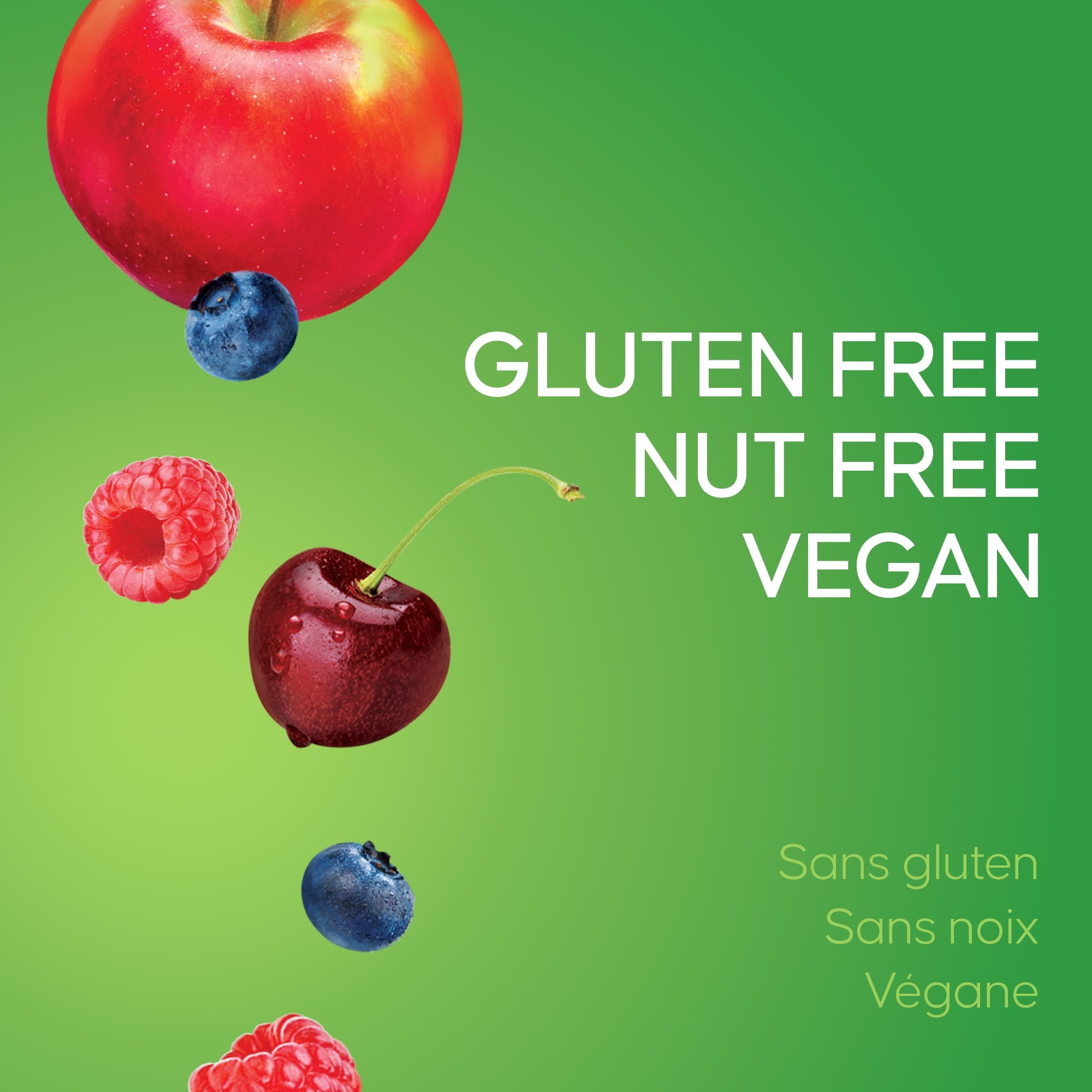 Fruits with 'GLUTEN FREE NUT FREE VEGAN' text on a green background