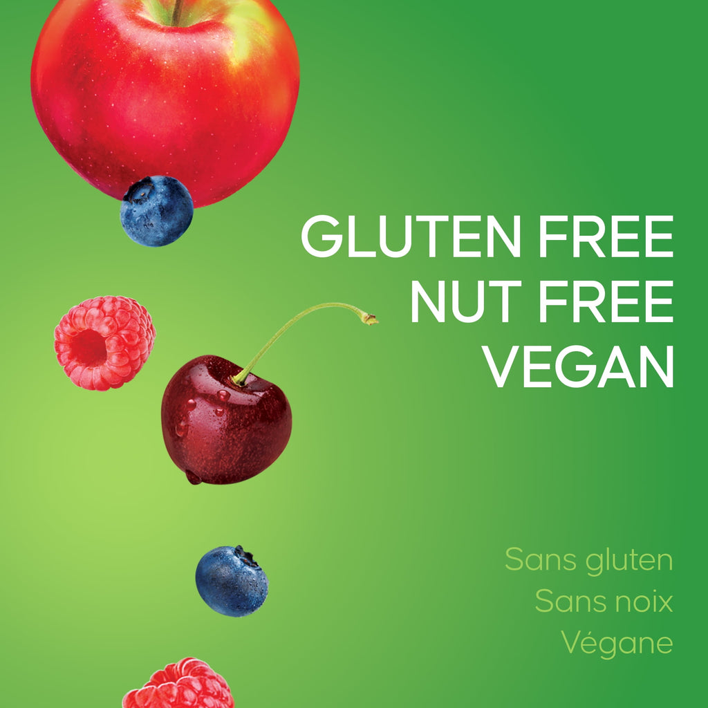 Fruits with 'GLUTEN FREE NUT FREE VEGAN' text on a green background
