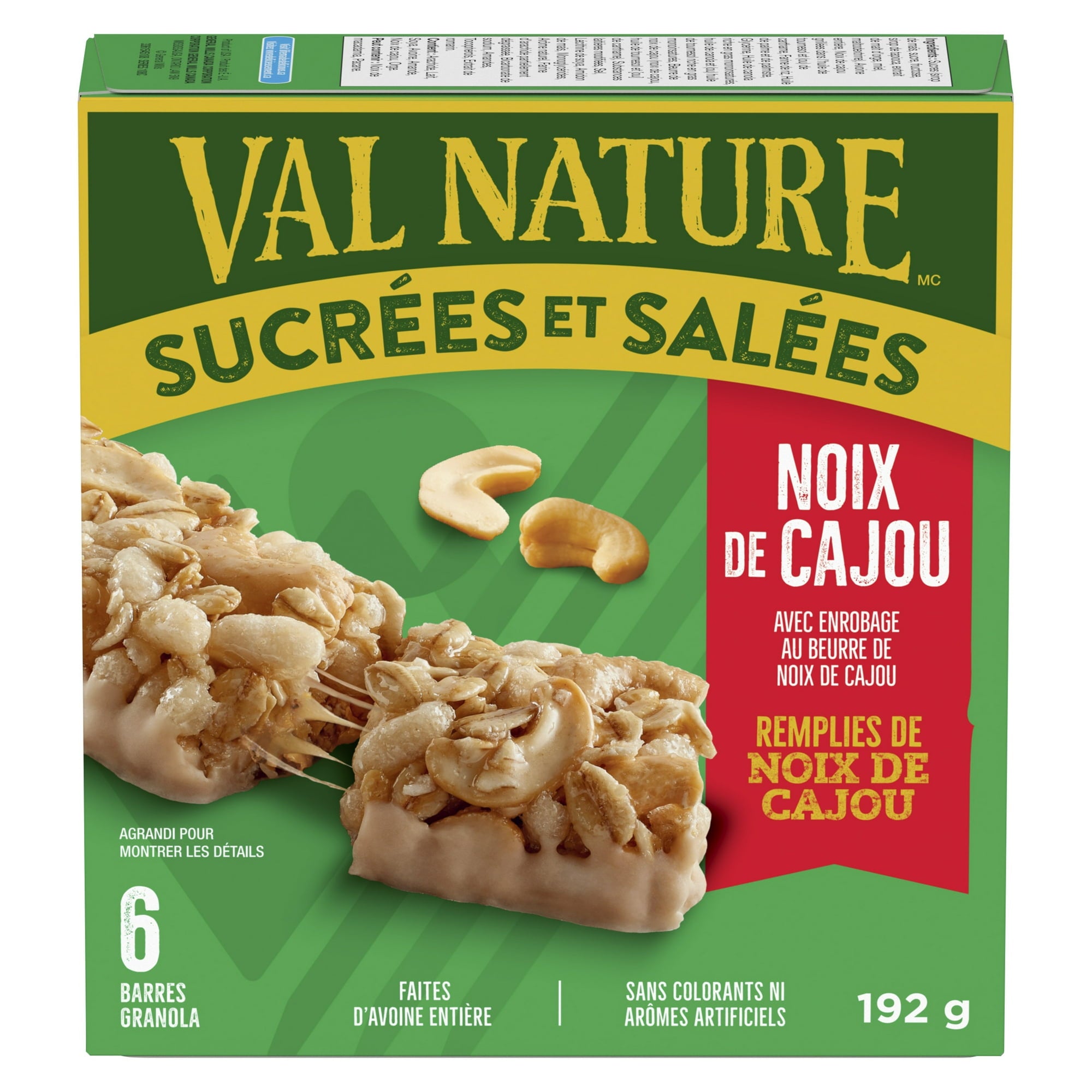 Val Nature granola bar packaging 192g with cashew nuts on a green background