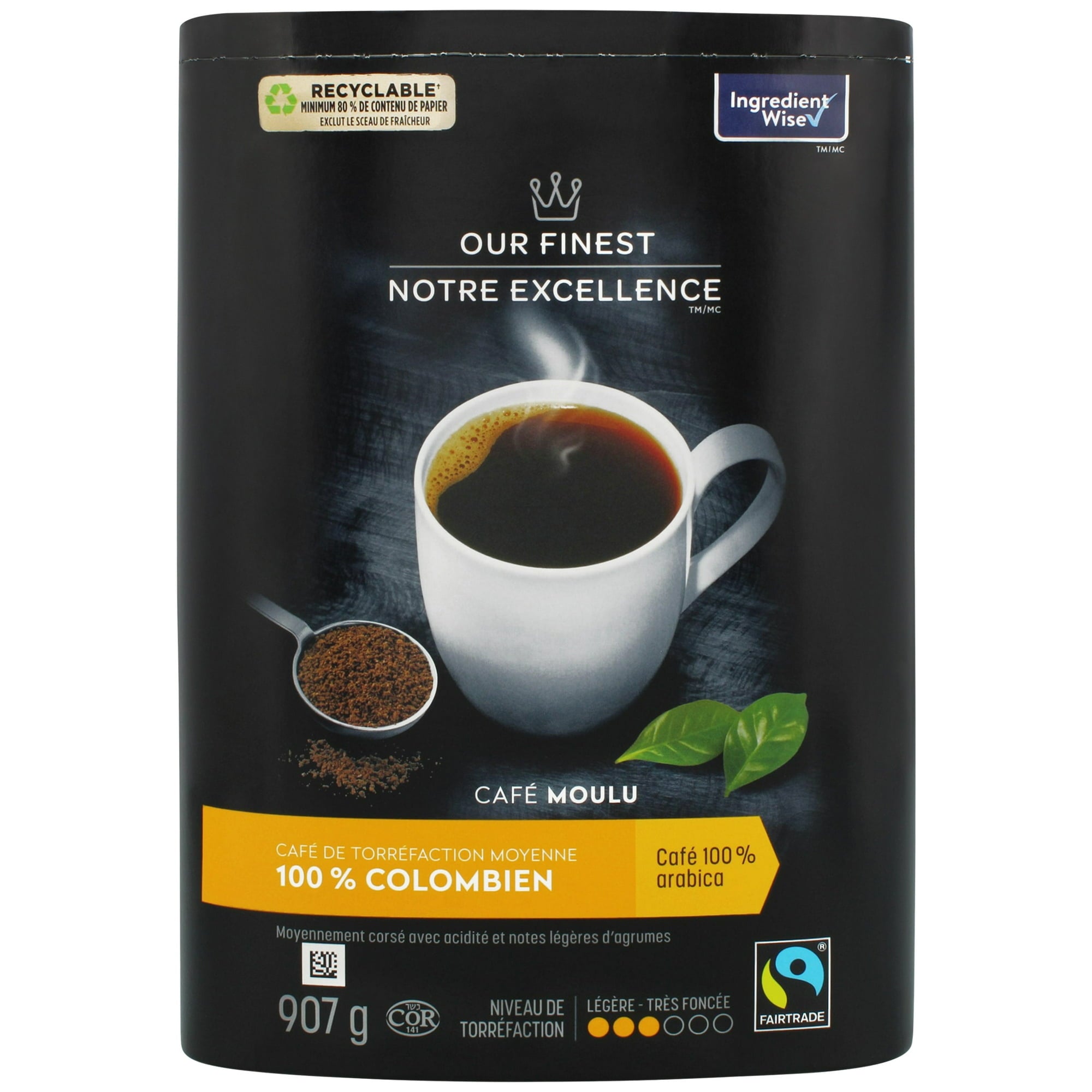 Our Finest 100% Colombian Medium Roast Ground Coffee - 907g packaging with a cup of coffee and coffee grounds on a black background