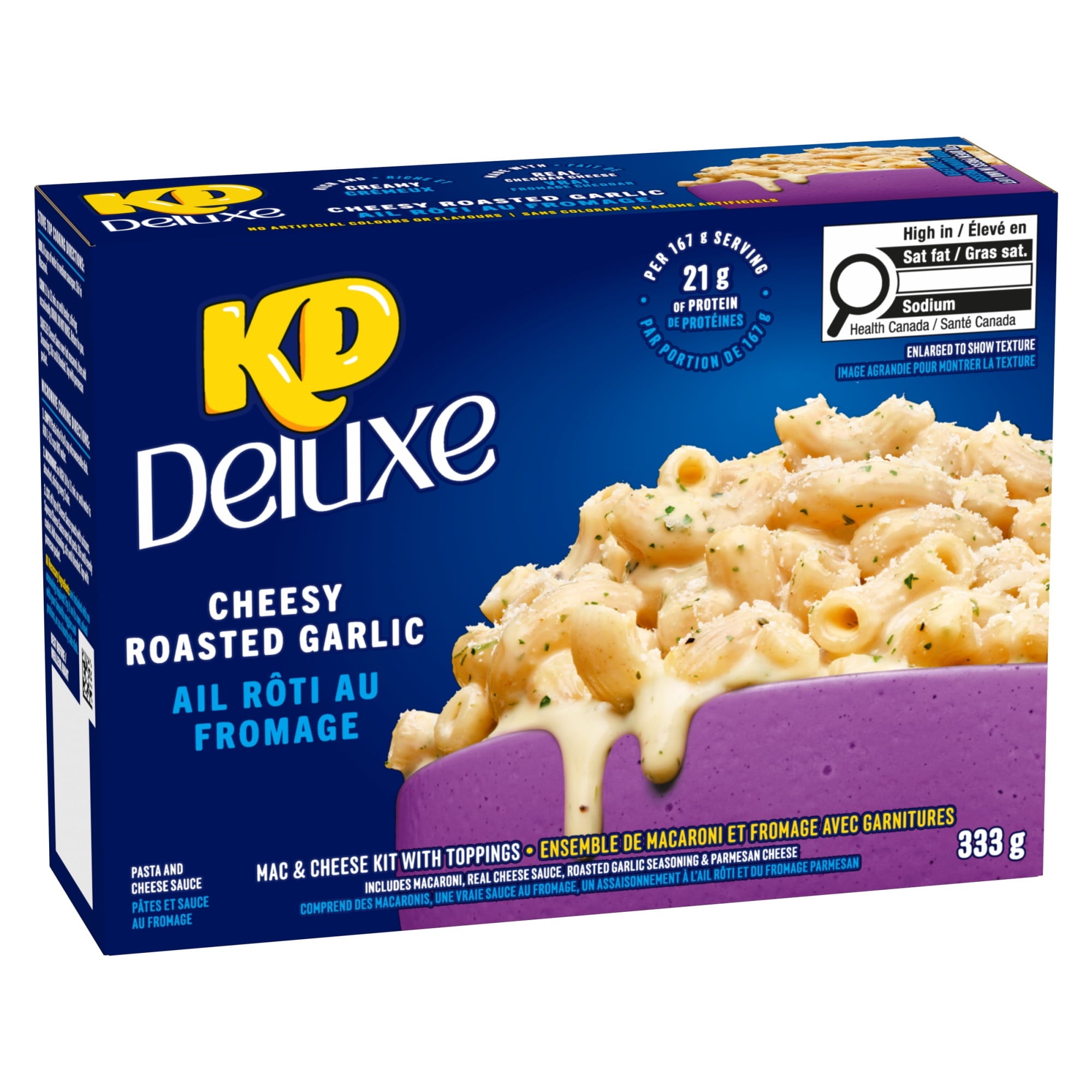 KD Deluxe Cheesy Roasted Garlic mac and cheese kit packaging on a white background
