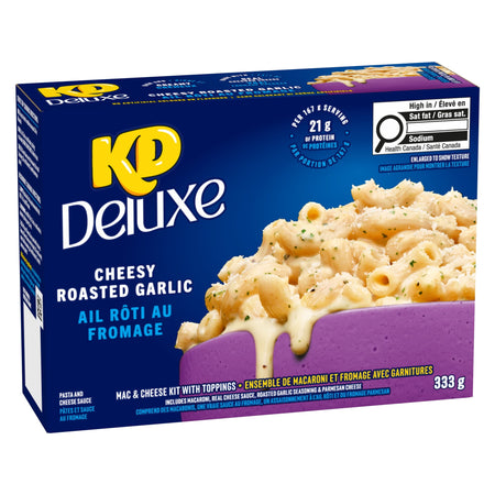 KD Deluxe Cheesy Roasted Garlic mac and cheese kit packaging on a white background