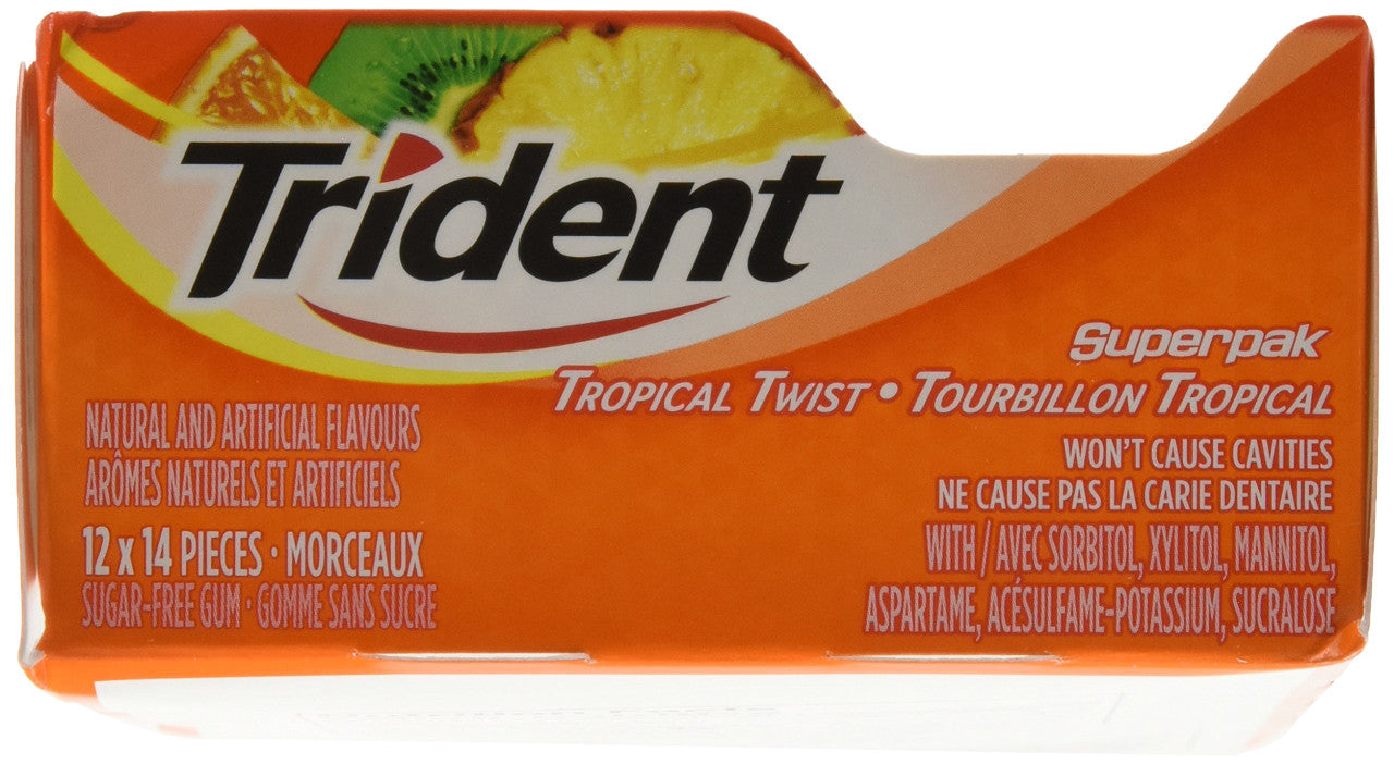 Trident Sugar Free Tropical Twist Gum Superpak, 12 Pack (14 Pieces Each) {Imported from Canada}